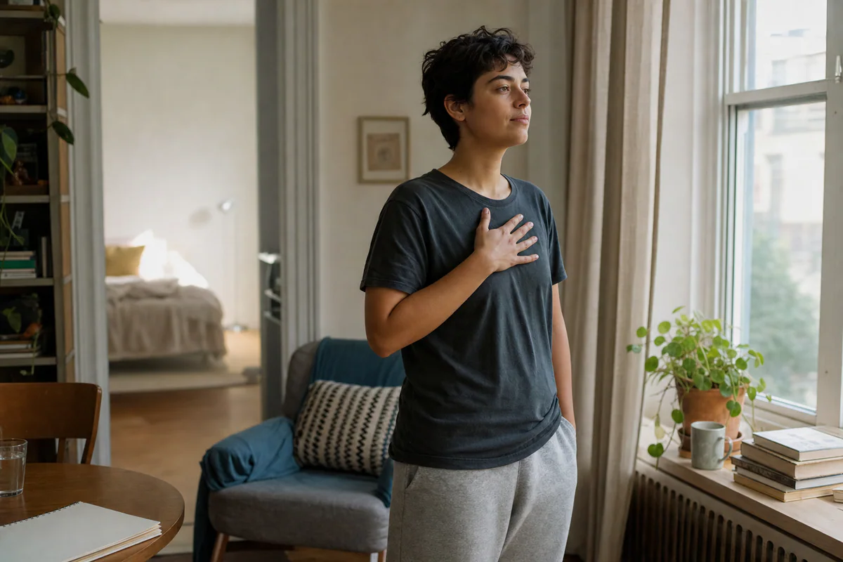 A person standing by a bright window, resting one hand lightly near the chest and noticing a slow breath.