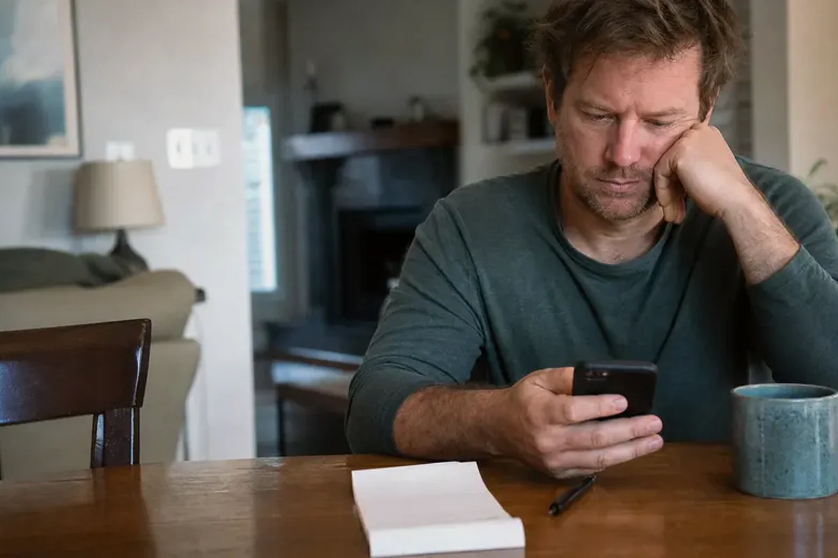 A person at a sunlit desk placing a phone face down and opening a notebook to one simple task.