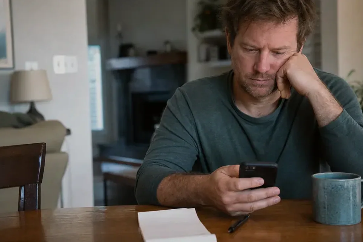 A person at a sunlit desk placing a phone face down and opening a notebook to one simple task.