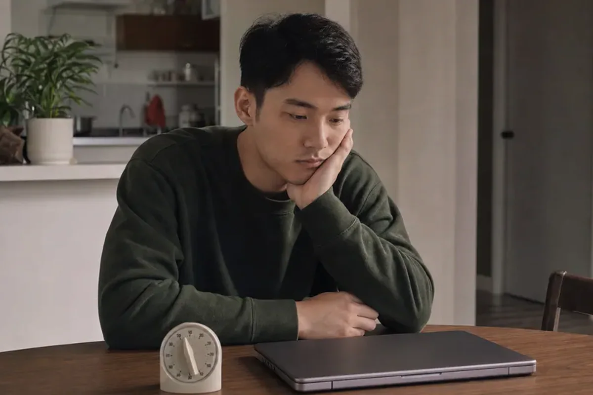 A person at a sunlit desk placing a phone face down and opening a notebook to one simple task.