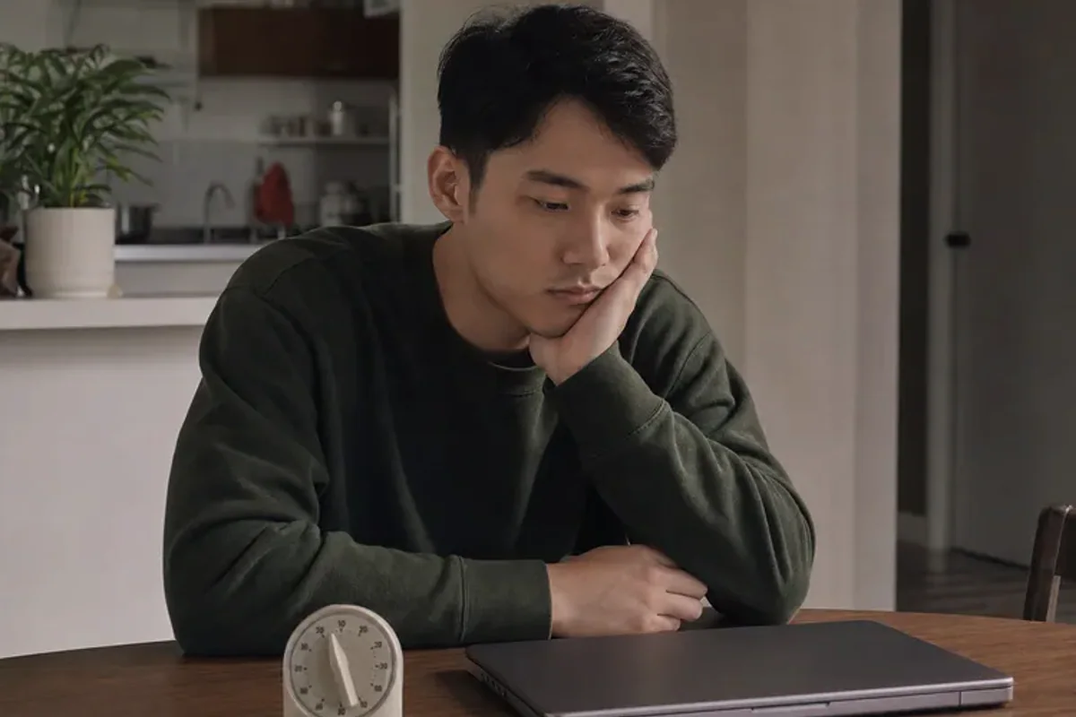 A person at a sunlit desk placing a phone face down and opening a notebook to one simple task.