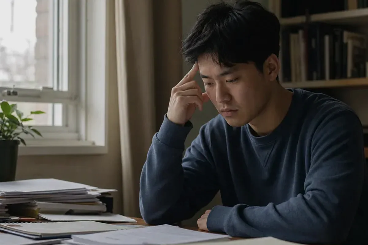 A person at a sunlit desk placing a phone face down and opening a notebook to one simple task.