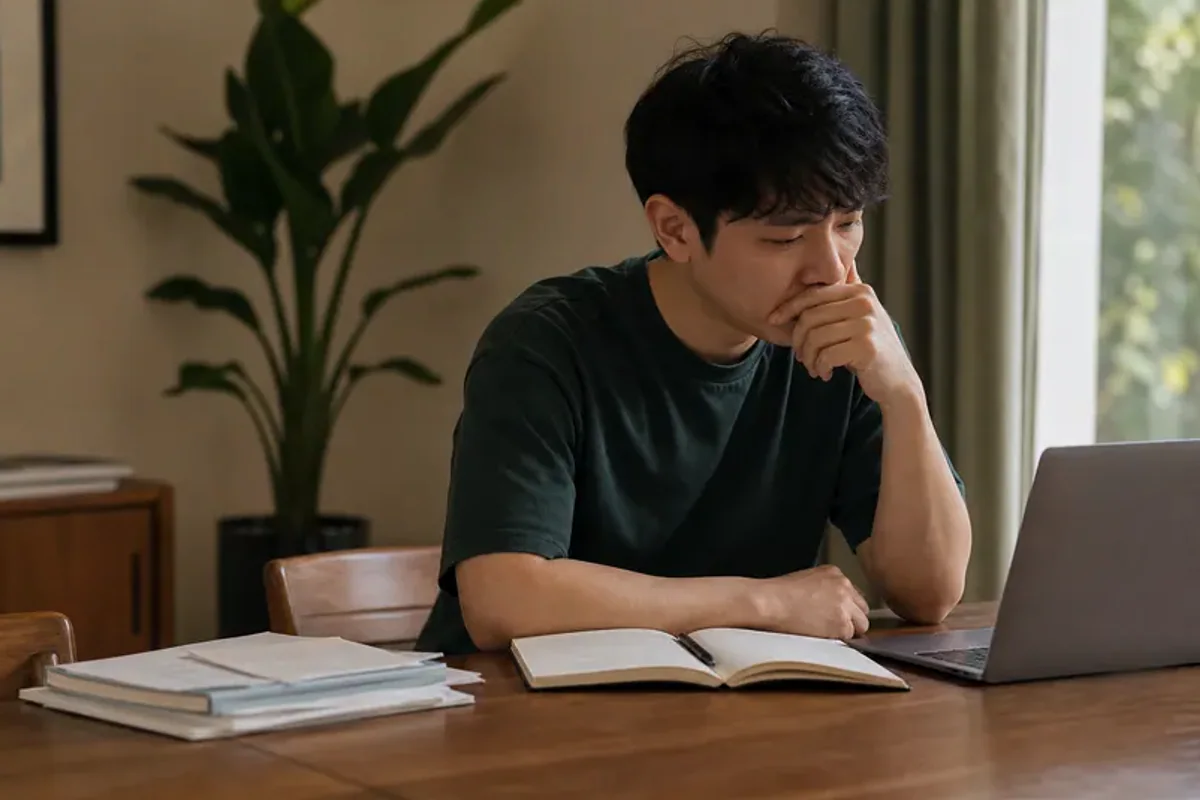 A person at a sunlit desk placing a phone face down and opening a notebook to one simple task.