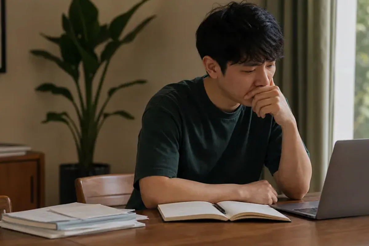 A person at a sunlit desk placing a phone face down and opening a notebook to one simple task.