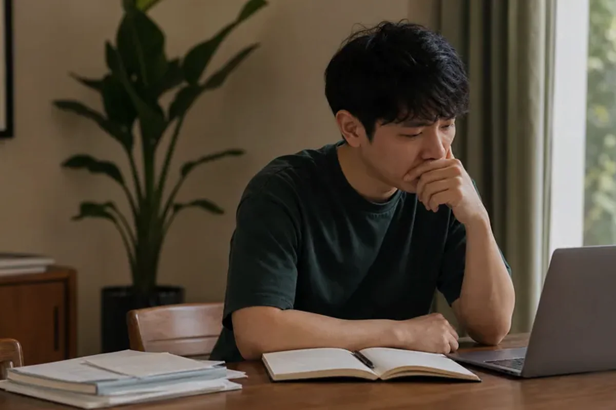 A person at a sunlit desk placing a phone face down and opening a notebook to one simple task.