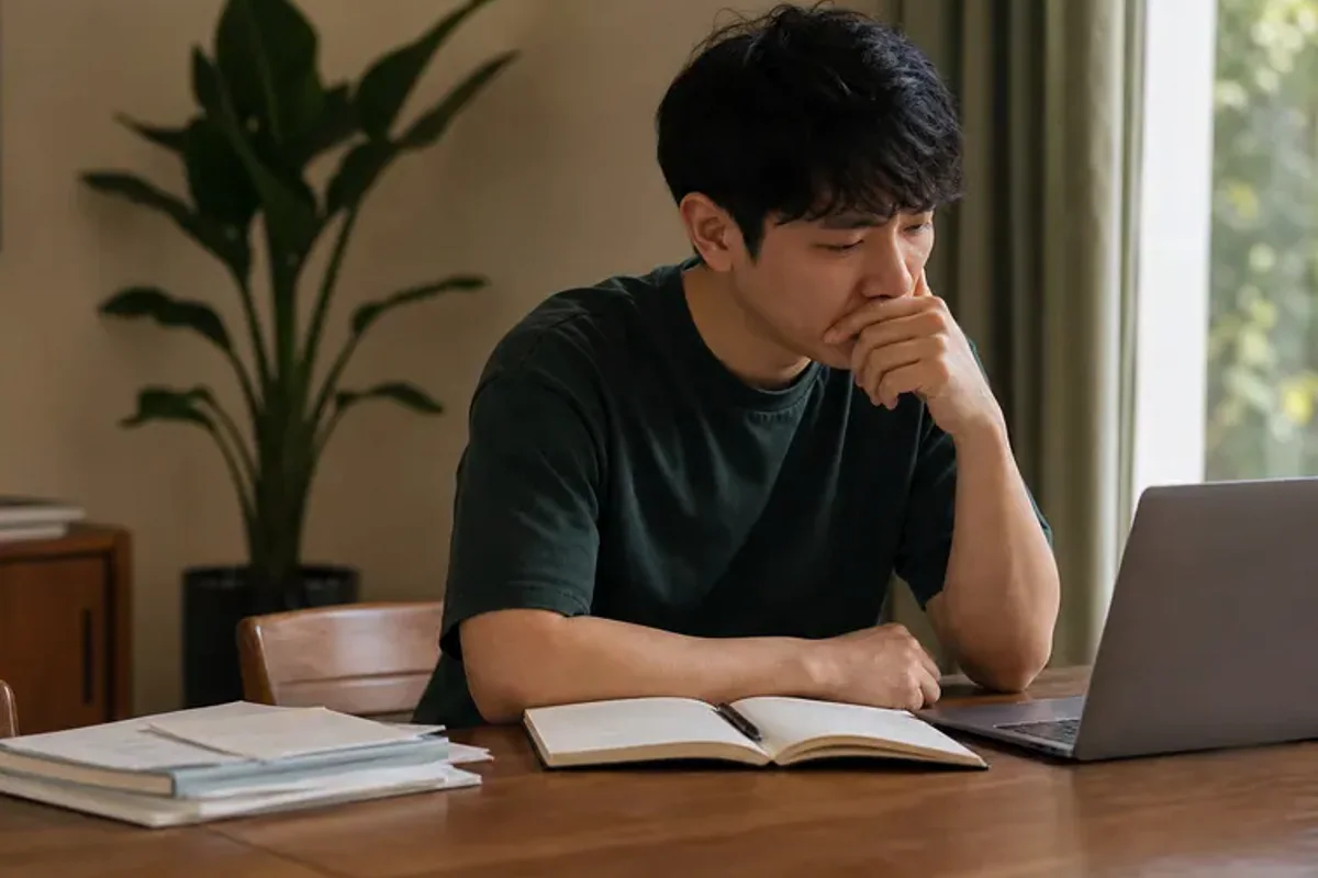 A person at a sunlit desk placing a phone face down and opening a notebook to one simple task.
