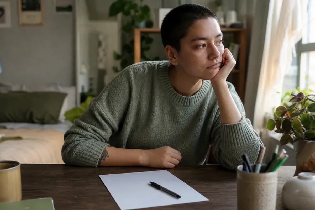 A person at a sunlit desk placing a phone face down and opening a notebook to one simple task.