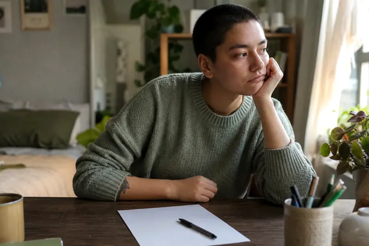 A person at a sunlit desk placing a phone face down and opening a notebook to one simple task.