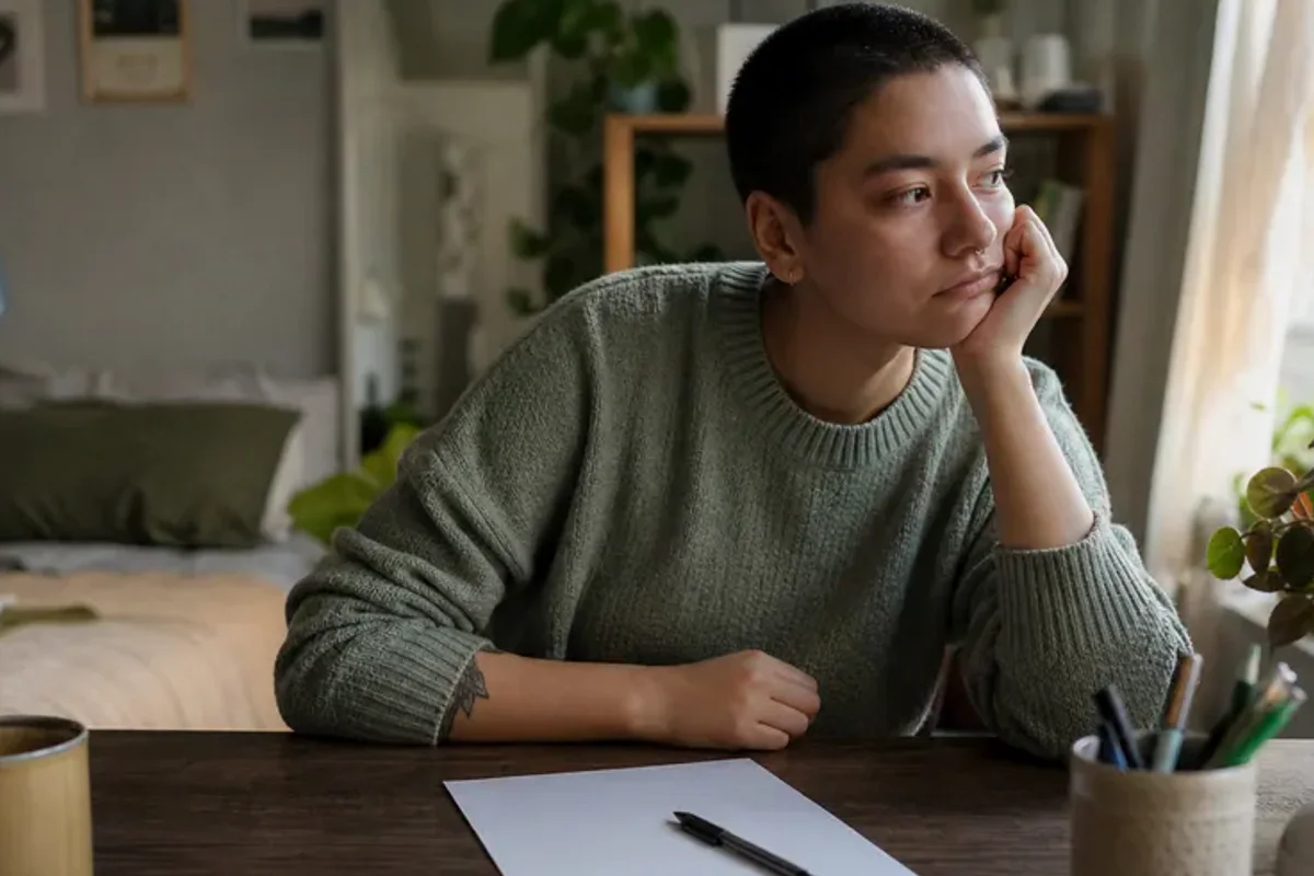 A person at a sunlit desk placing a phone face down and opening a notebook to one simple task.