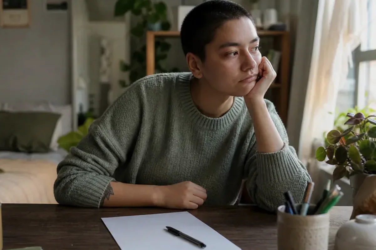 A person at a sunlit desk placing a phone face down and opening a notebook to one simple task.