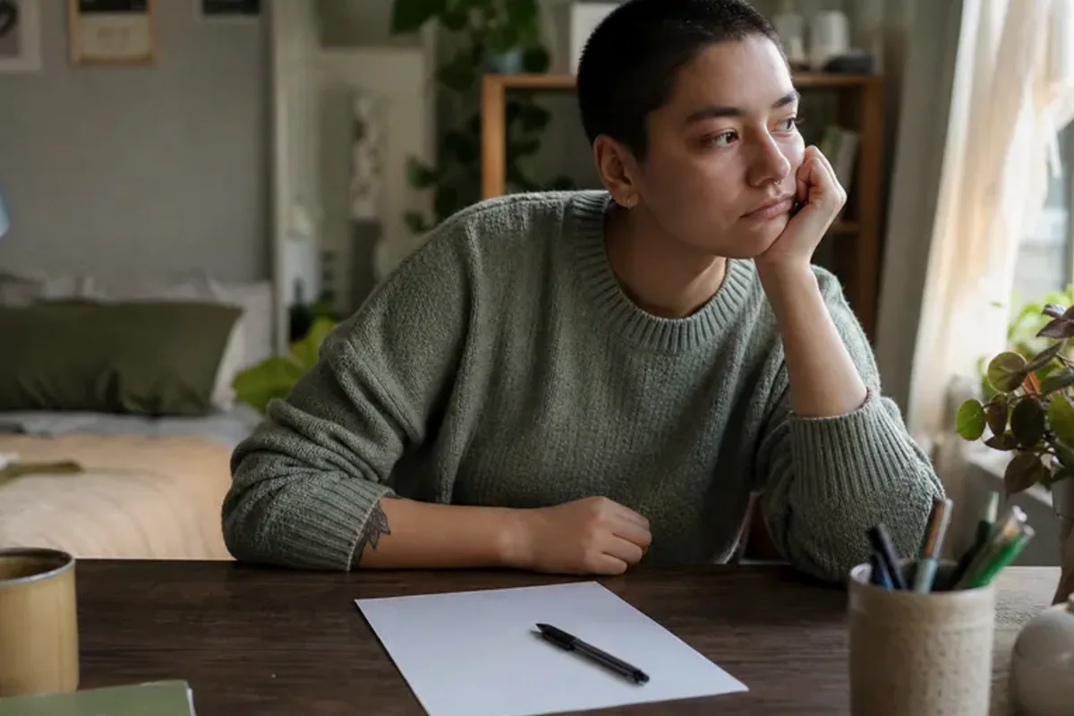 A person at a sunlit desk placing a phone face down and opening a notebook to one simple task.