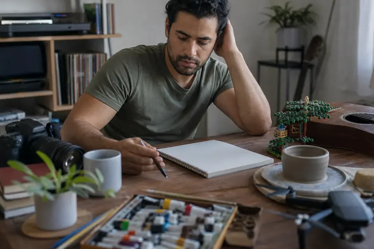 A person at a sunlit desk placing a phone face down and opening a notebook to one simple task.