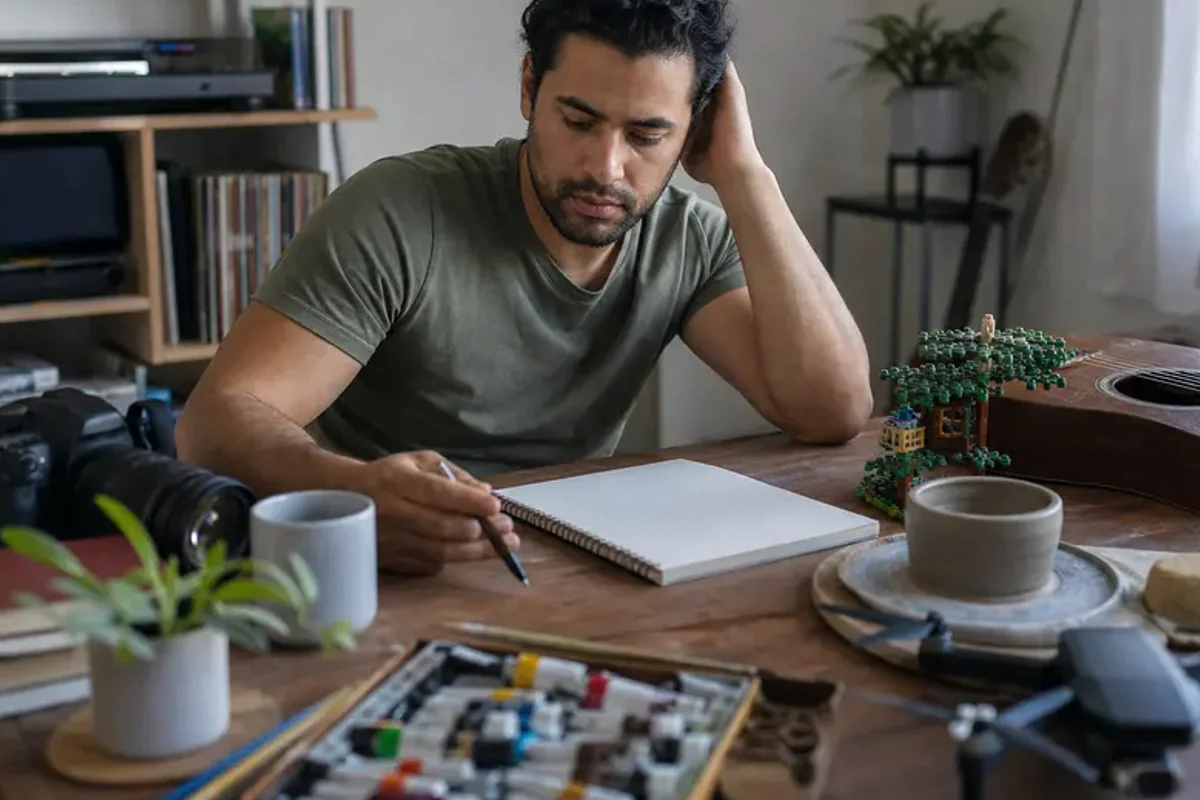 A person at a sunlit desk placing a phone face down and opening a notebook to one simple task.
