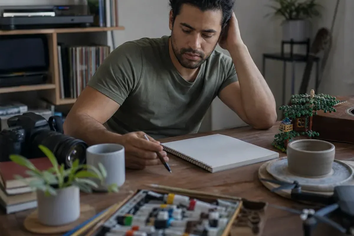 A person at a sunlit desk placing a phone face down and opening a notebook to one simple task.