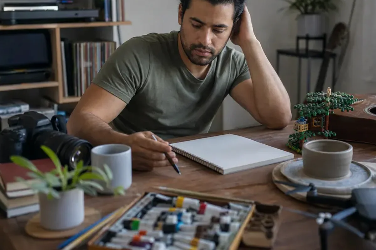 A person at a sunlit desk placing a phone face down and opening a notebook to one simple task.