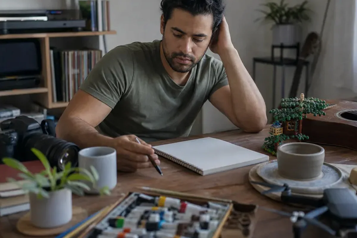 A person at a sunlit desk placing a phone face down and opening a notebook to one simple task.