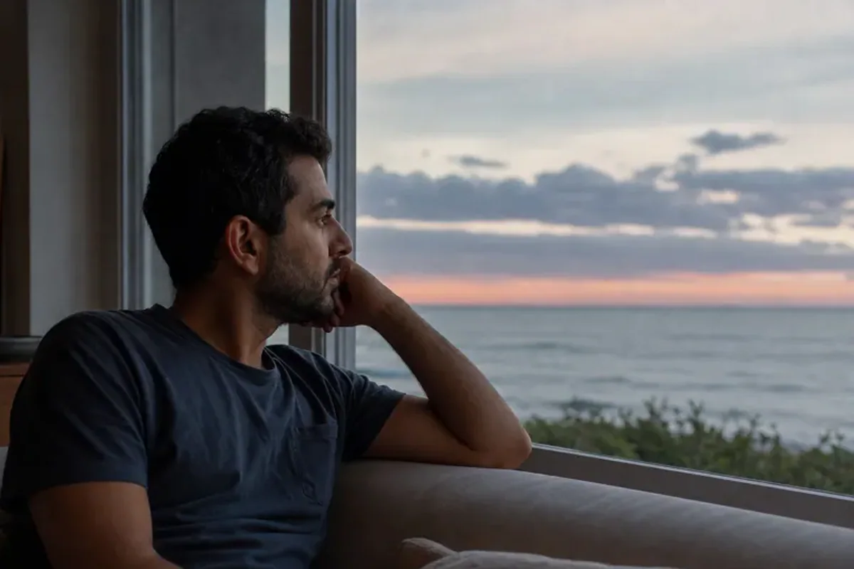 A person looking across a wide, misty landscape from a safe overlook at early morning.