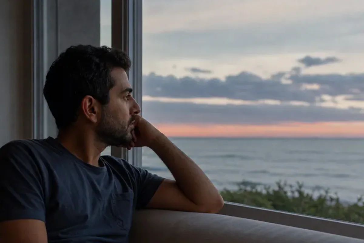 A person looking across a wide, misty landscape from a safe overlook at early morning.