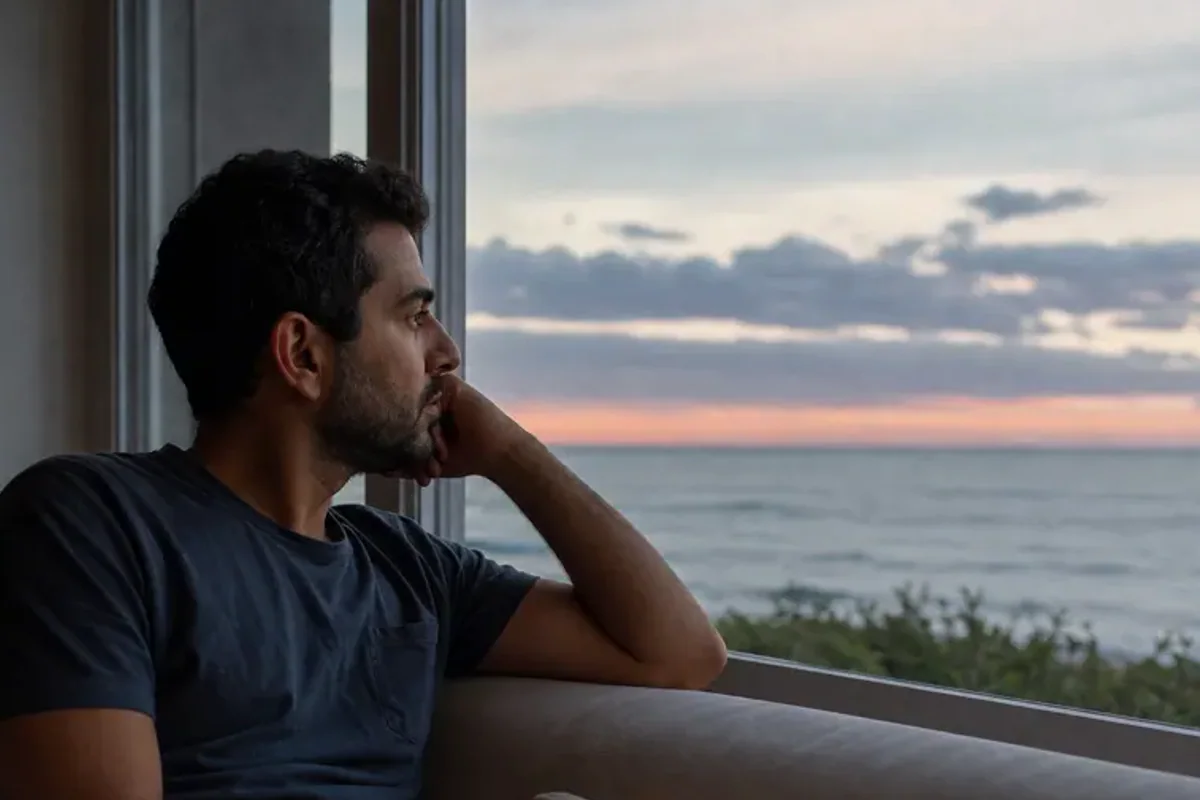A person looking across a wide, misty landscape from a safe overlook at early morning.