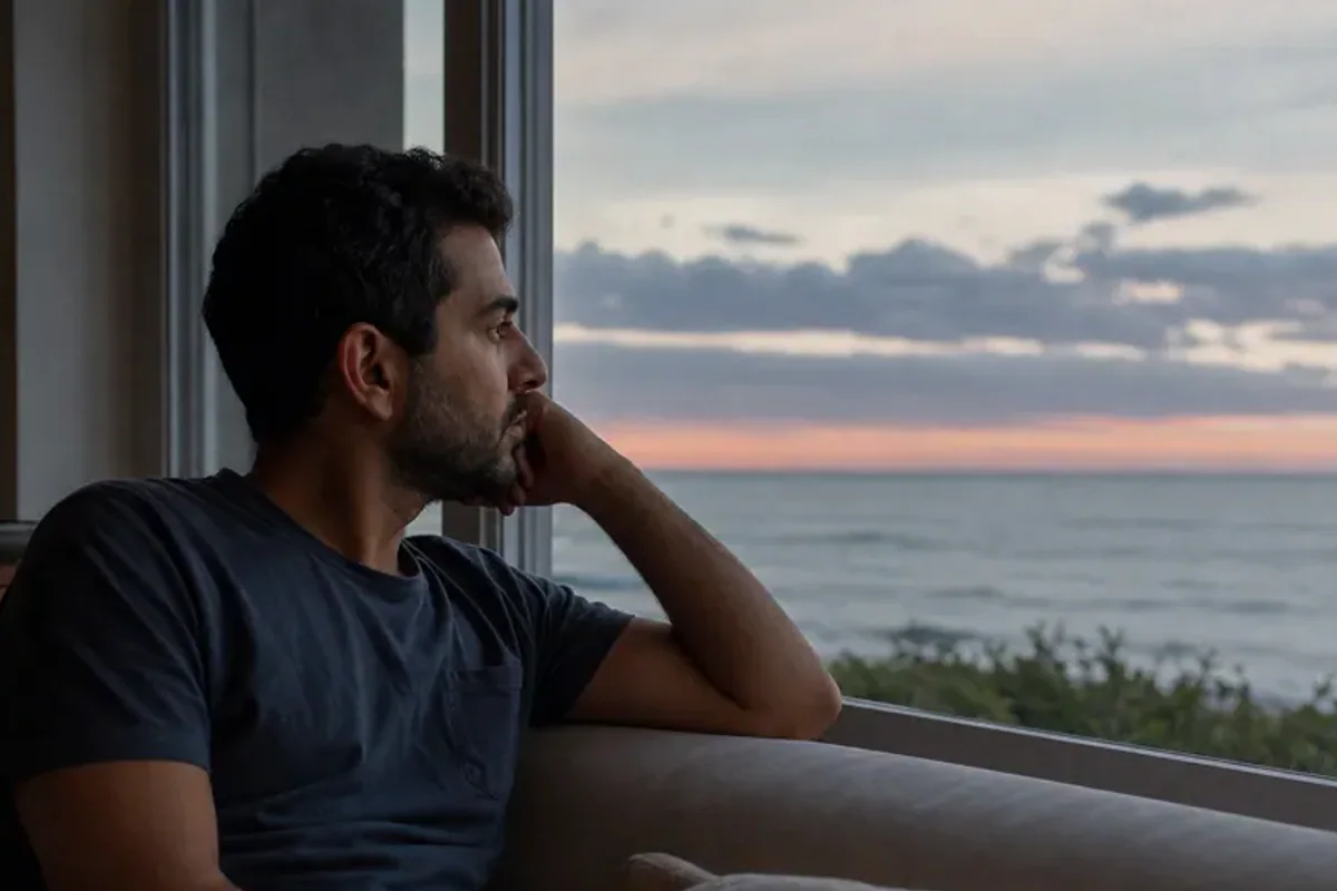 A person looking across a wide, misty landscape from a safe overlook at early morning.