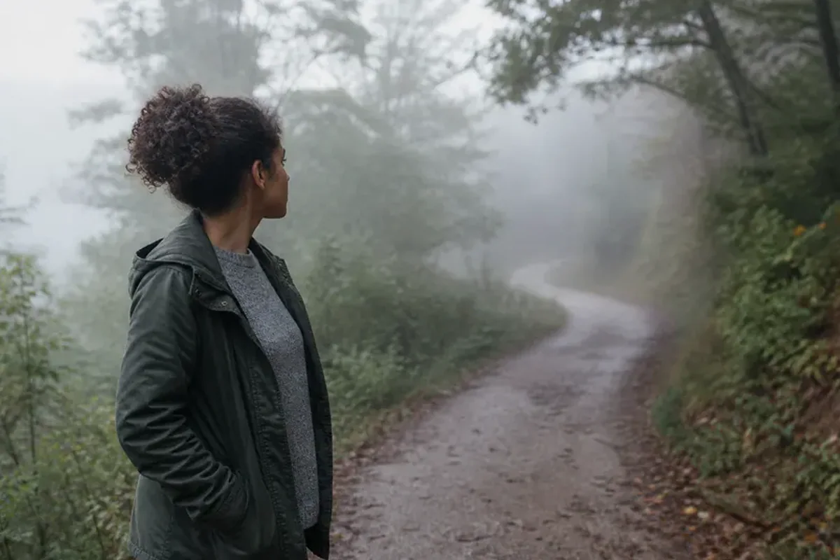 A person looking across a wide, misty landscape from a safe overlook at early morning.