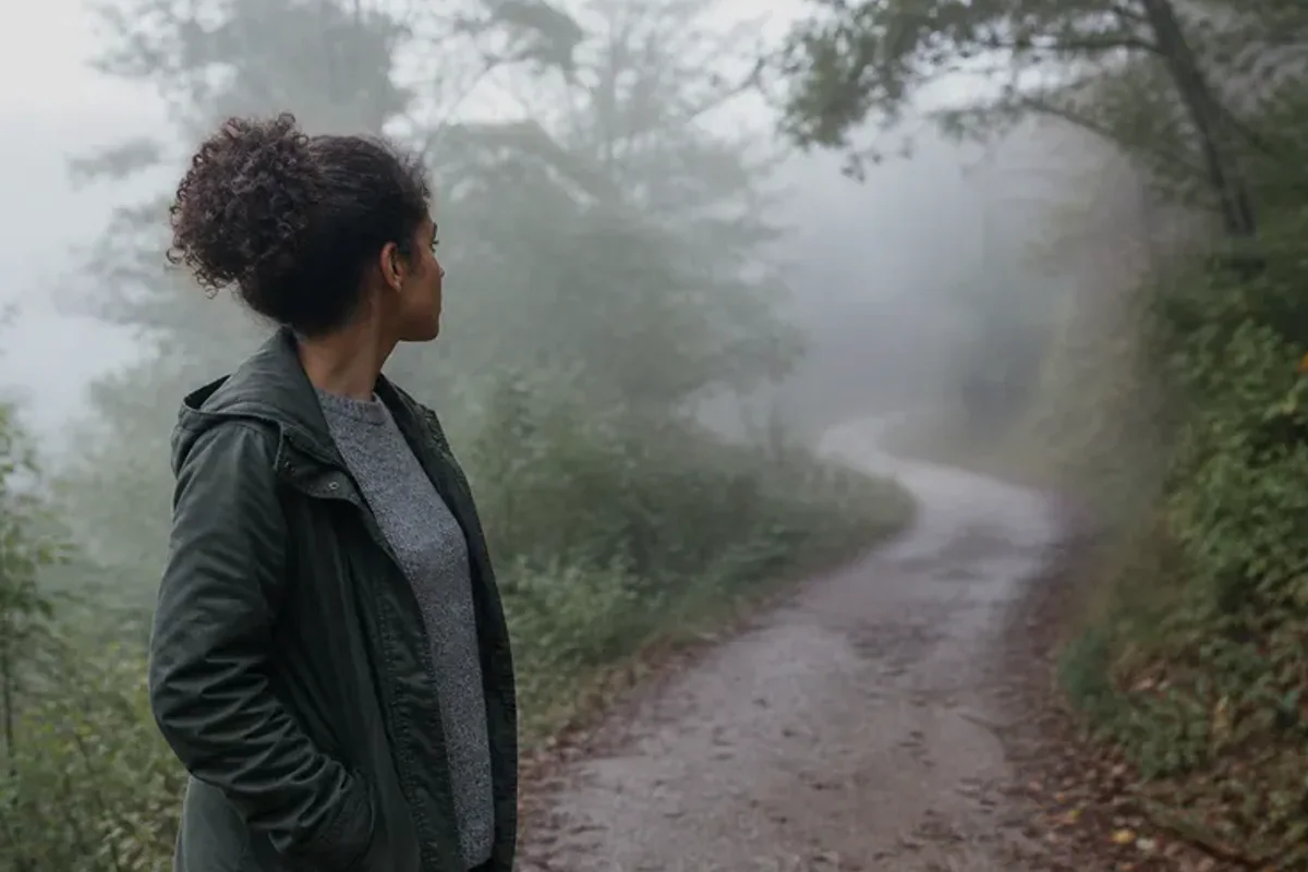 A person looking across a wide, misty landscape from a safe overlook at early morning.