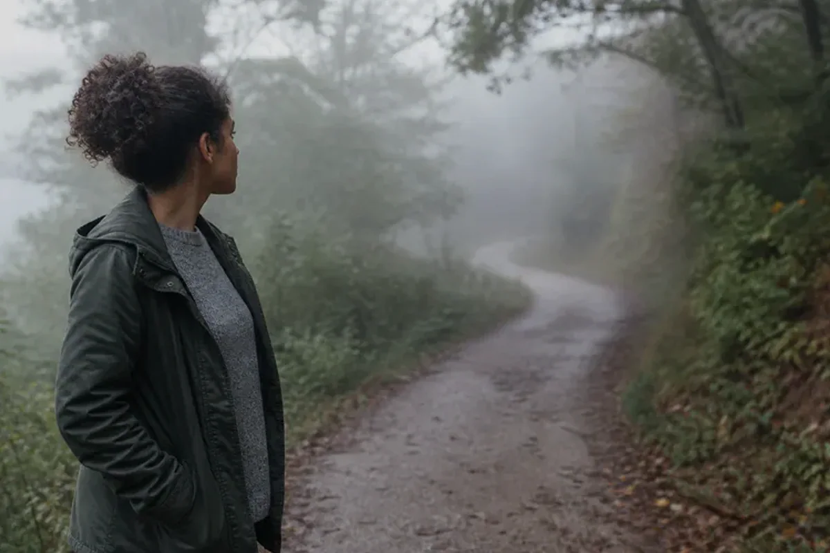 A person looking across a wide, misty landscape from a safe overlook at early morning.