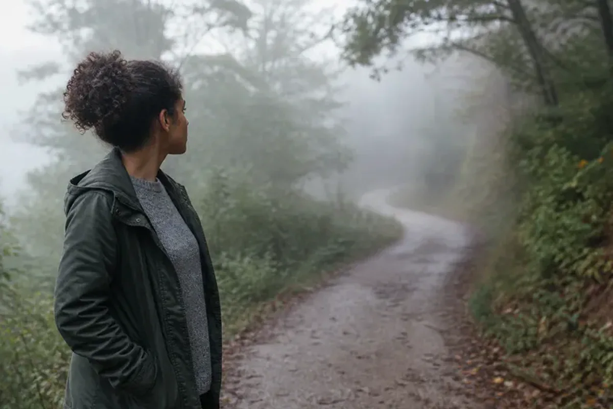 A person looking across a wide, misty landscape from a safe overlook at early morning.