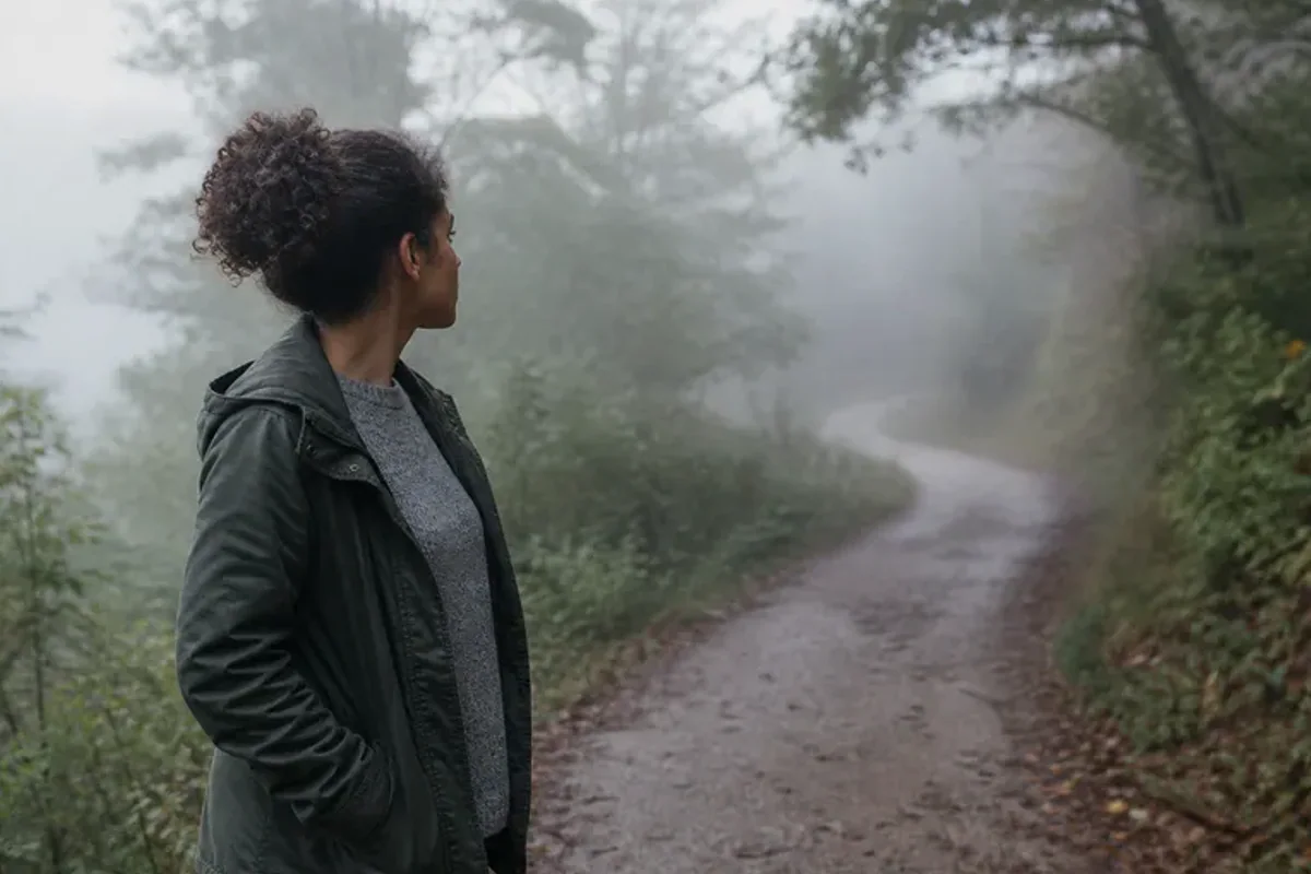 A person looking across a wide, misty landscape from a safe overlook at early morning.