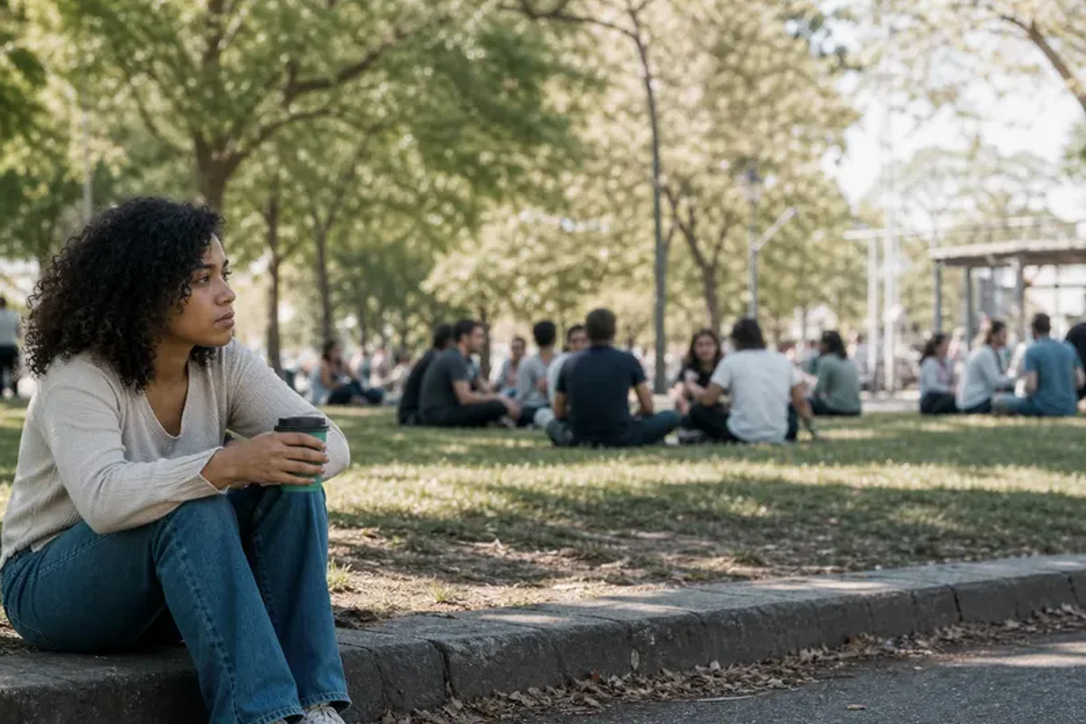 Two friends talking on a quiet park bench with attentive, unforced body language.