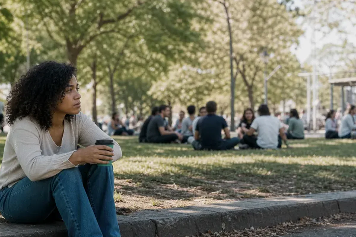 Two friends talking on a quiet park bench with attentive, unforced body language.