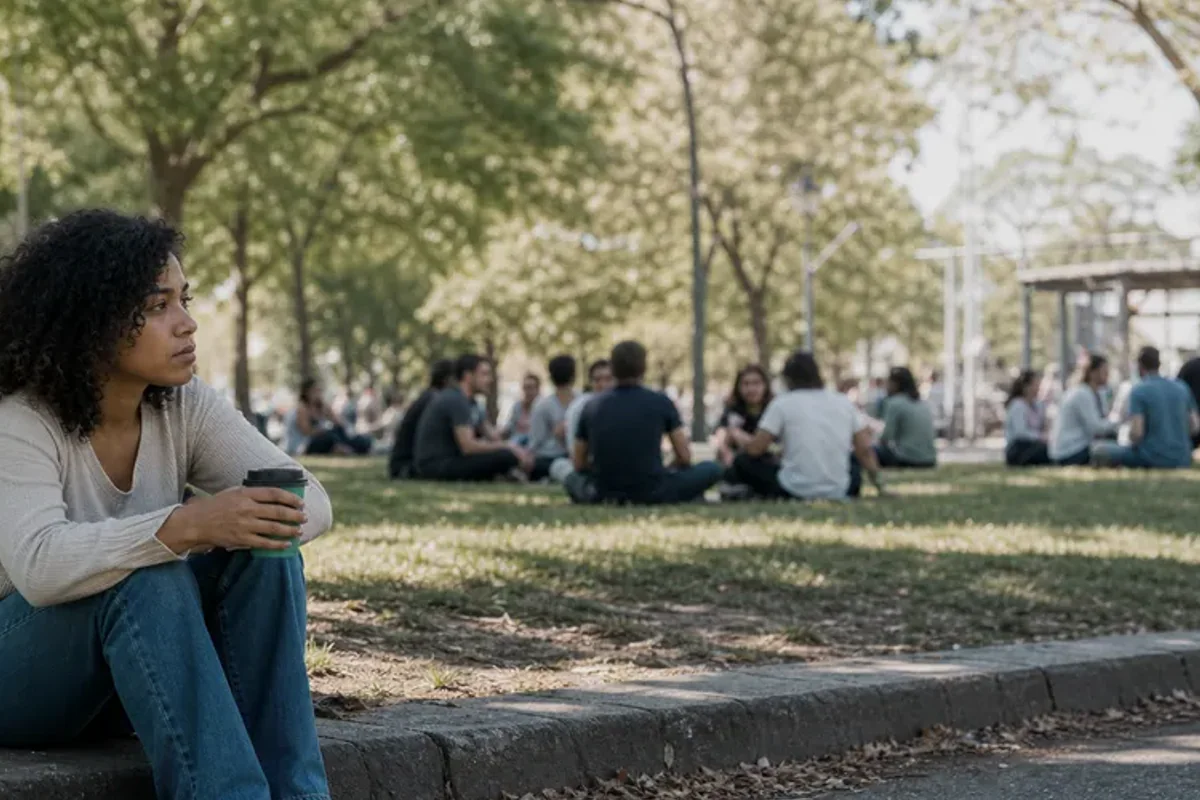 Two friends talking on a quiet park bench with attentive, unforced body language.