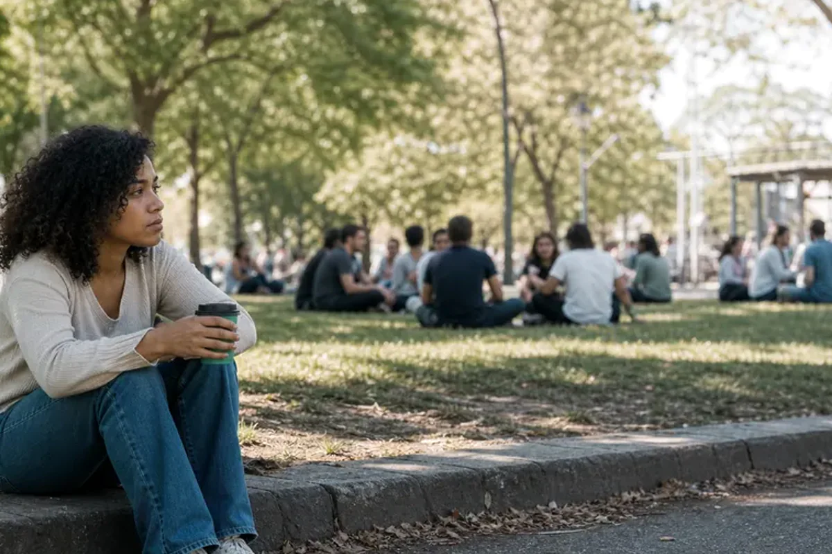 Two friends talking on a quiet park bench with attentive, unforced body language.