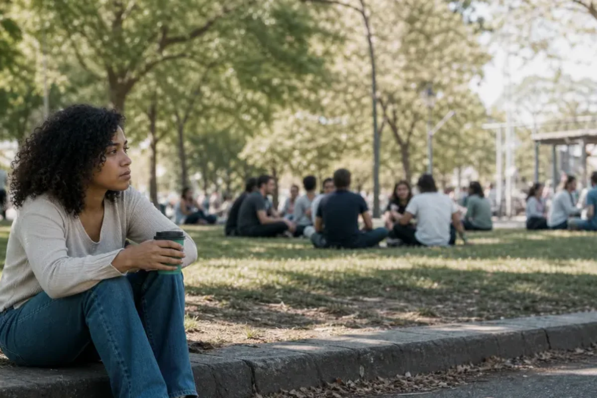 Two friends talking on a quiet park bench with attentive, unforced body language.