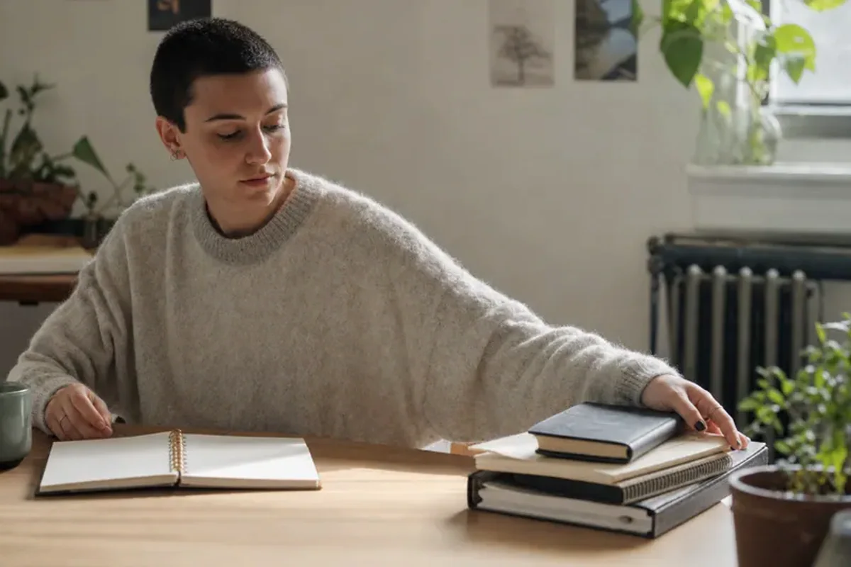 A person at a sunlit desk placing a phone face down and opening a notebook to one simple task.