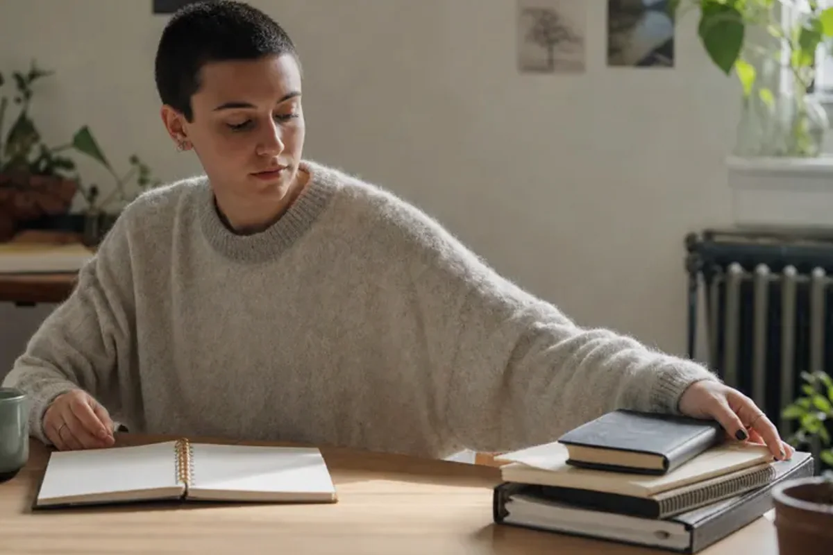 A person at a sunlit desk placing a phone face down and opening a notebook to one simple task.