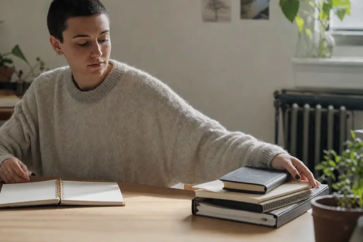 A person at a sunlit desk placing a phone face down and opening a notebook to one simple task.
