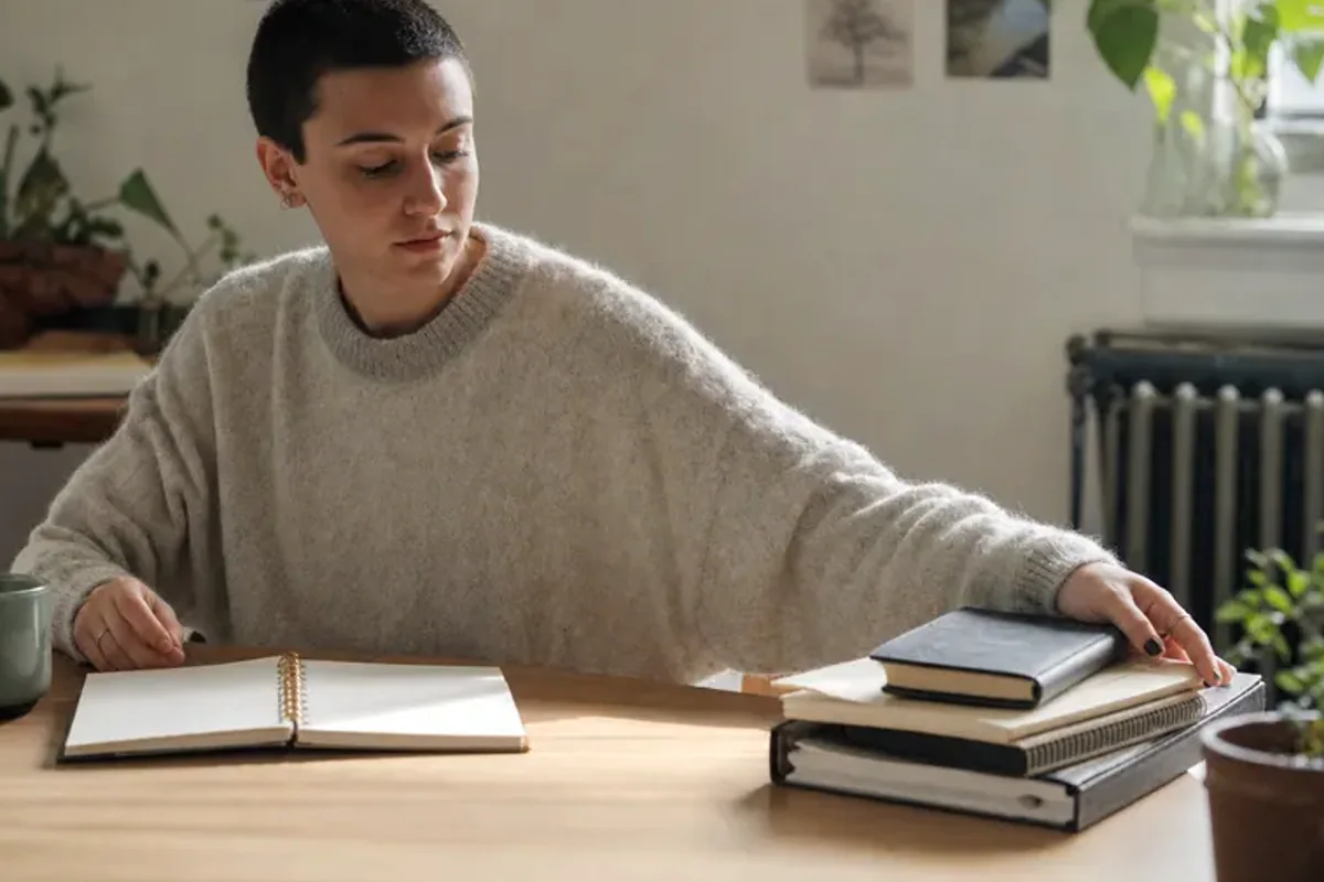 A person at a sunlit desk placing a phone face down and opening a notebook to one simple task.