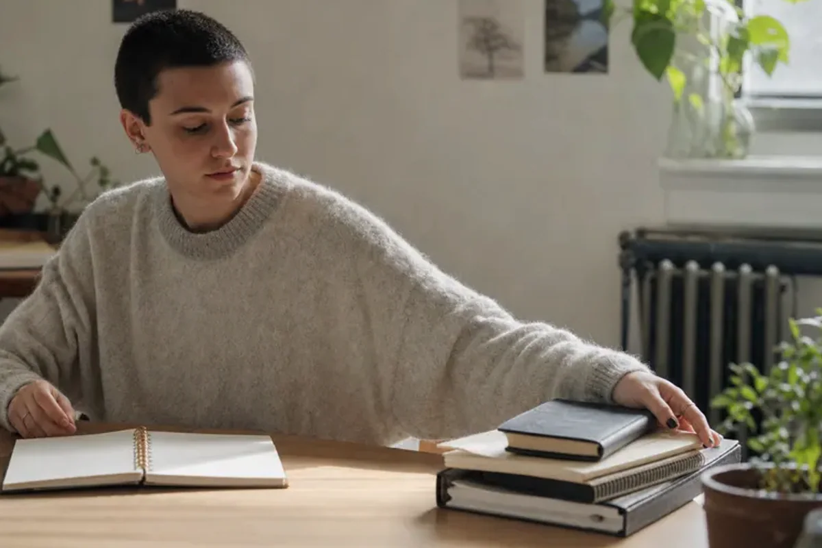 A person at a sunlit desk placing a phone face down and opening a notebook to one simple task.