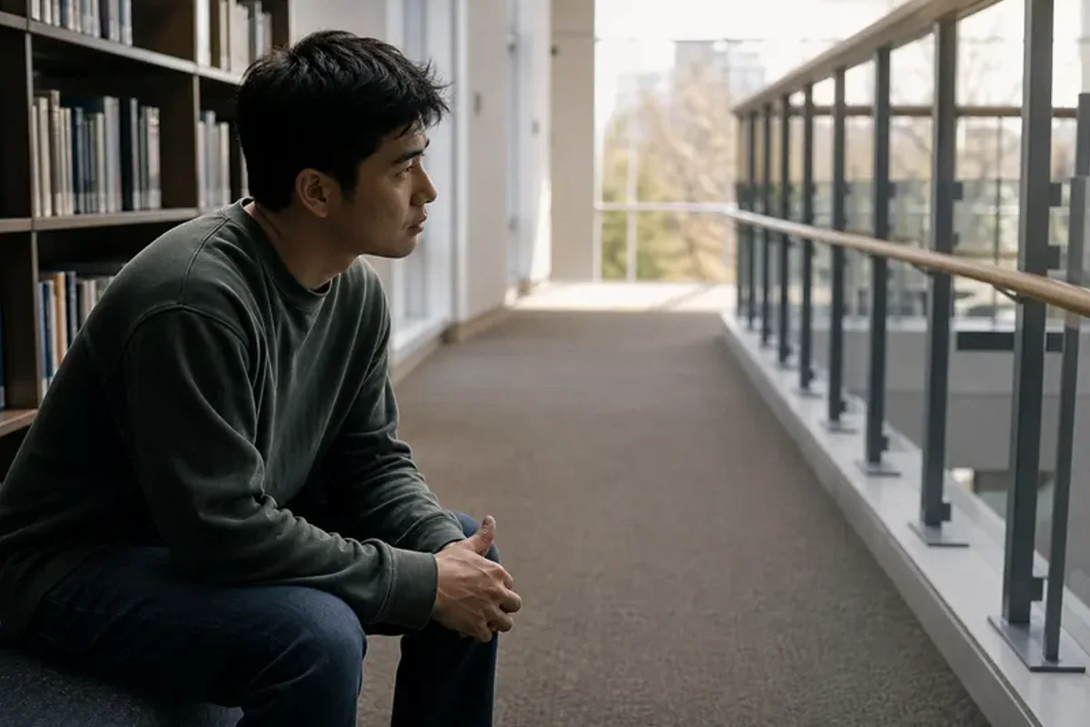A person standing by a bright window, resting one hand lightly near the chest and noticing a slow breath.