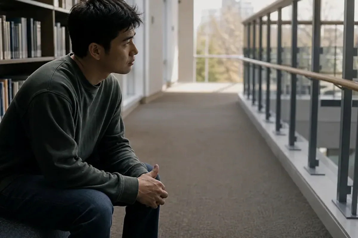 A person standing by a bright window, resting one hand lightly near the chest and noticing a slow breath.