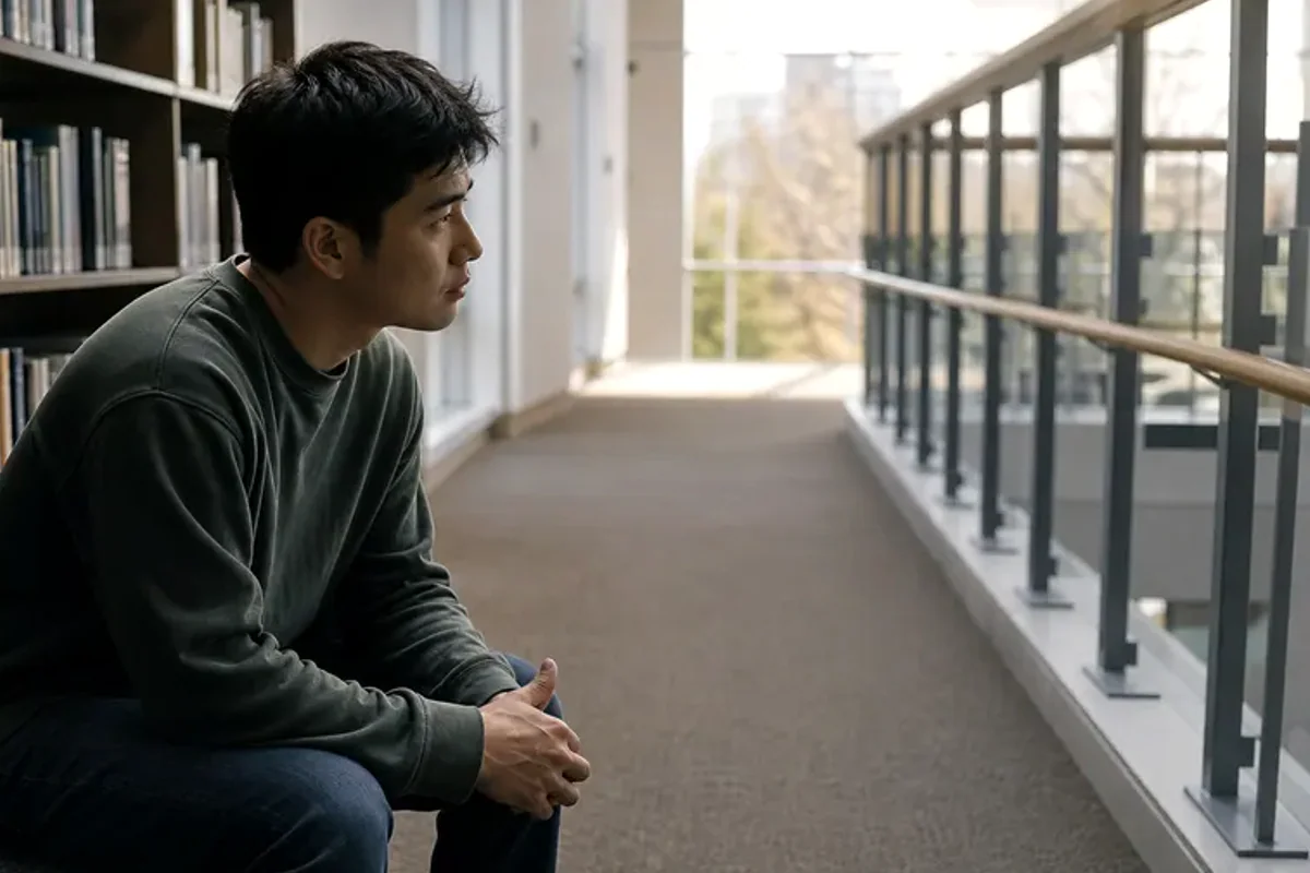 A person standing by a bright window, resting one hand lightly near the chest and noticing a slow breath.