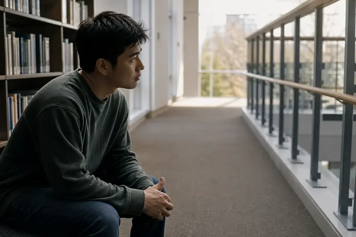 A person standing by a bright window, resting one hand lightly near the chest and noticing a slow breath.