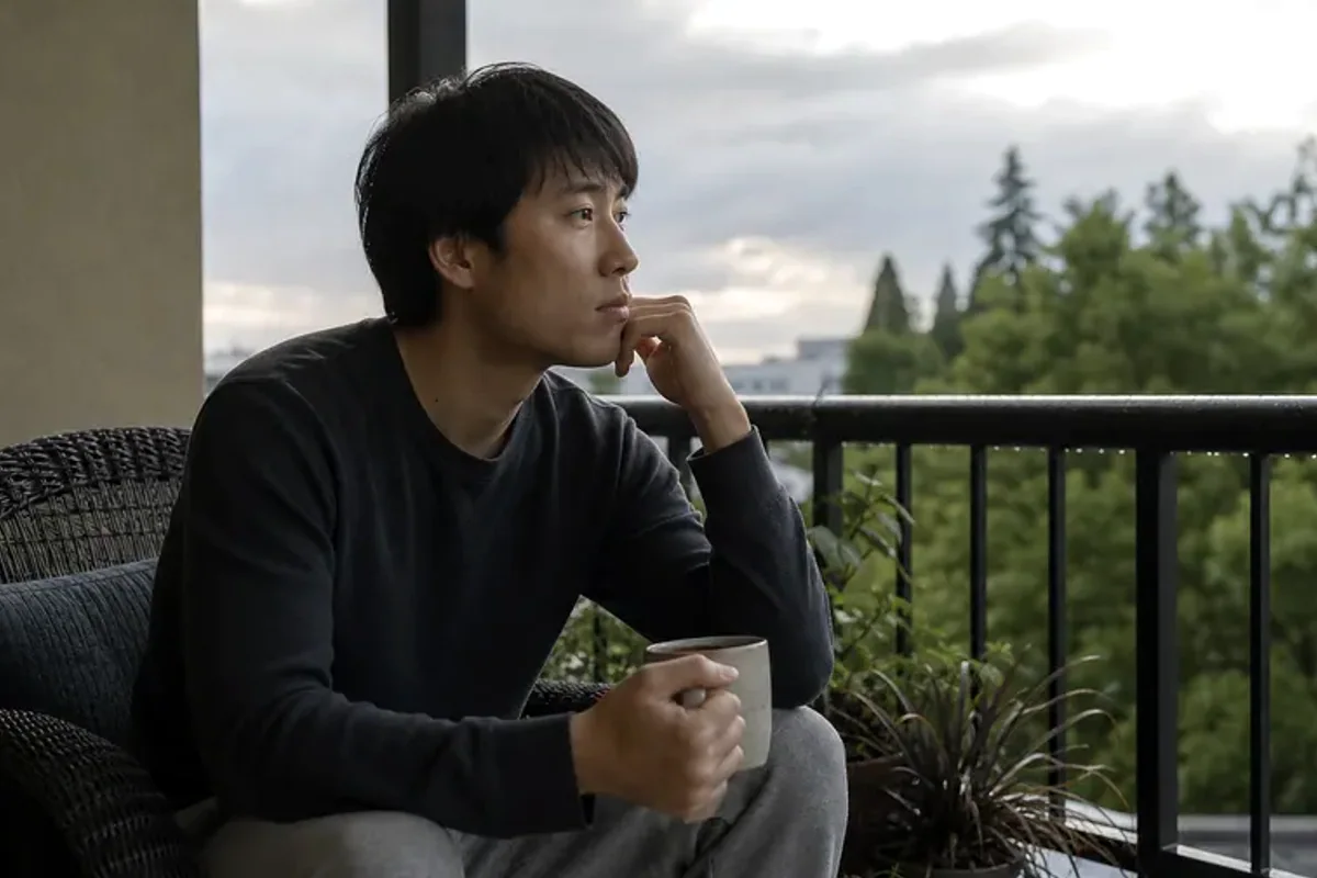 A person standing by a bright window, resting one hand lightly near the chest and noticing a slow breath.