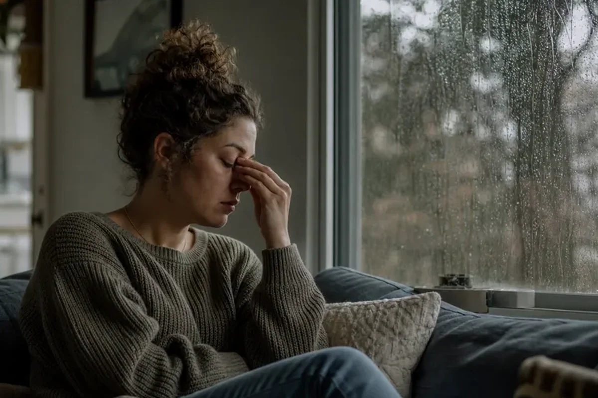 A passenger looking through a rain-speckled train window while the landscape moves softly beyond the glass.