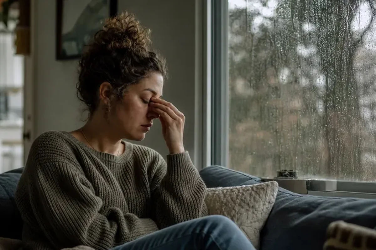 A passenger looking through a rain-speckled train window while the landscape moves softly beyond the glass.