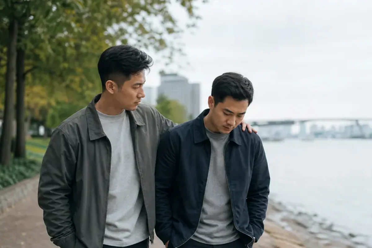 Two friends talking on a quiet park bench with attentive, unforced body language.
