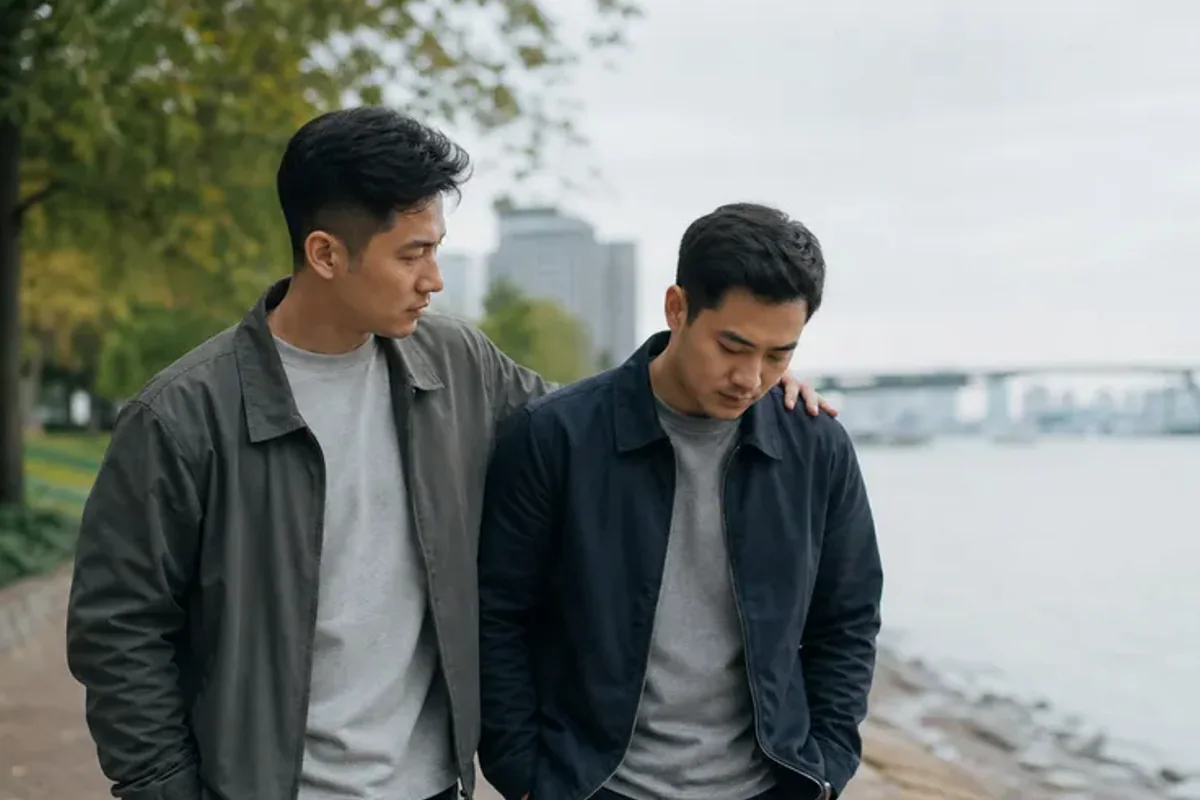 Two friends talking on a quiet park bench with attentive, unforced body language.