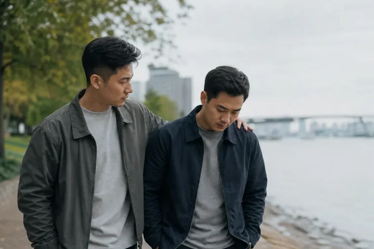 Two friends talking on a quiet park bench with attentive, unforced body language.