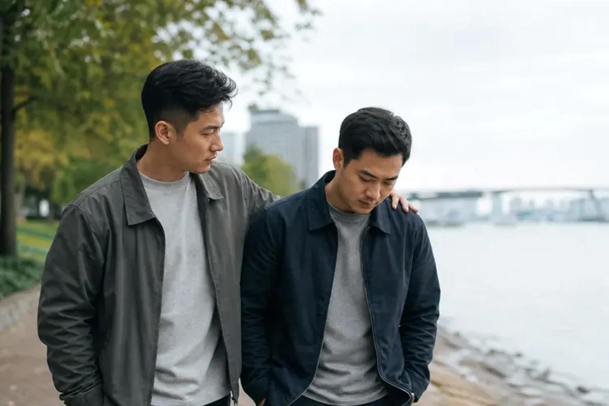 Two friends talking on a quiet park bench with attentive, unforced body language.